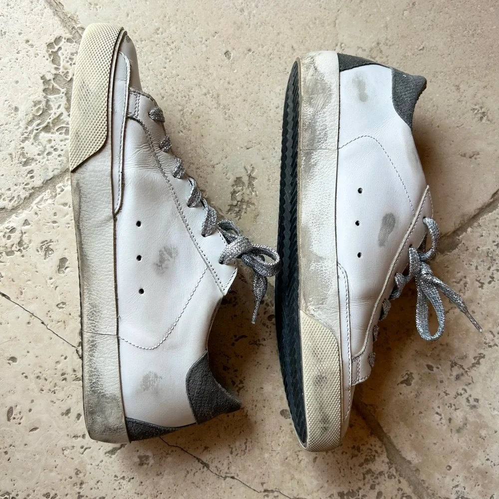 Golden Goose White Sneakers with Pink Star and Silver Laces